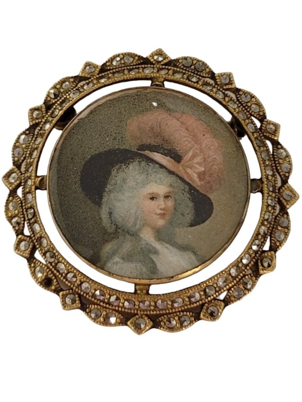 Gold Tone Marcasite Vintage Glass Bezel Frame Portrait Brooch, E747